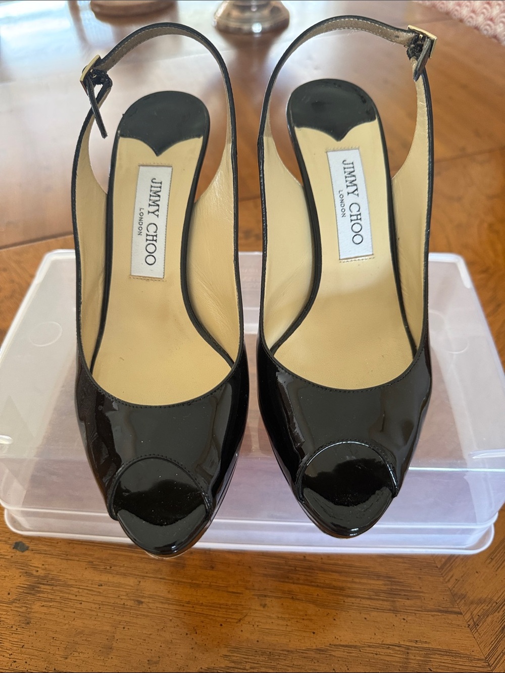 Jimmy Choo Black Patent Peep-Toe Slingback Heels (Glossy), size 38 1/2